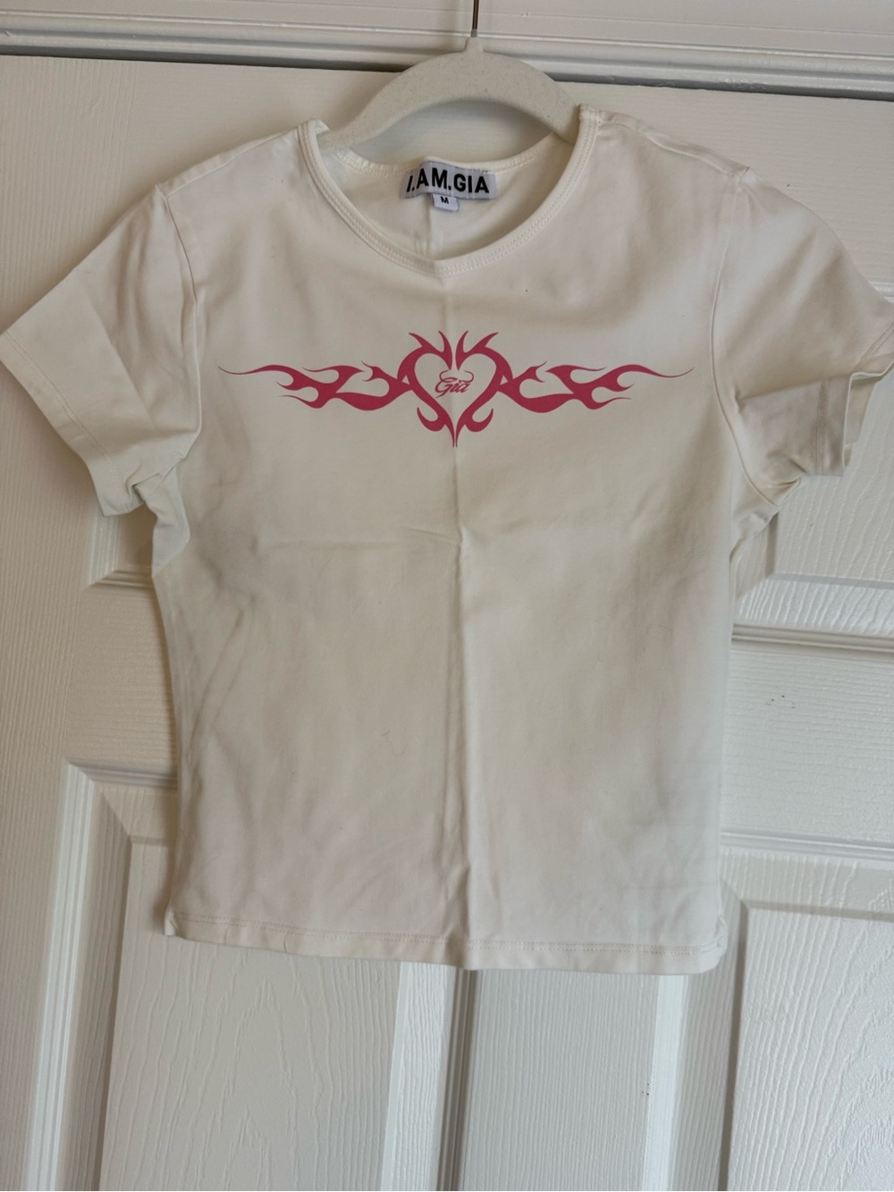 I.AM.GIA White Crop Tee with Pink Flame Heart Graphic